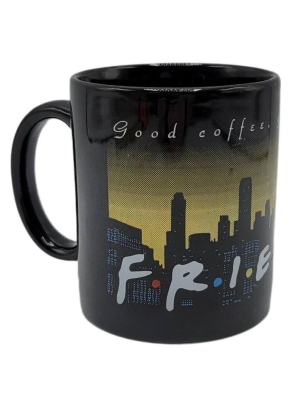 Friends TV Show Mug Black 11oz Good Coffee NYC Skyline VTG 1995 Sitcom Nostalgia